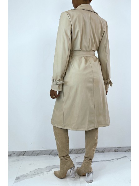 Manteau 3/4 beige en simili avec poches saharienne - 5