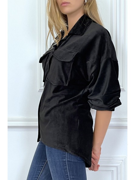 Chemise over size en velours noir avec poches - 4