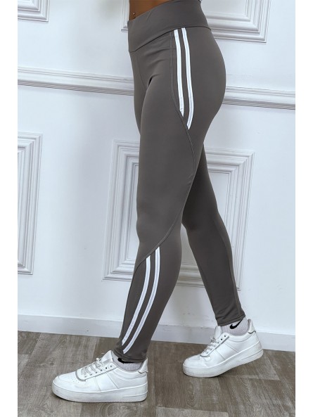 Legging fitness gris avec bandes blanches - 2