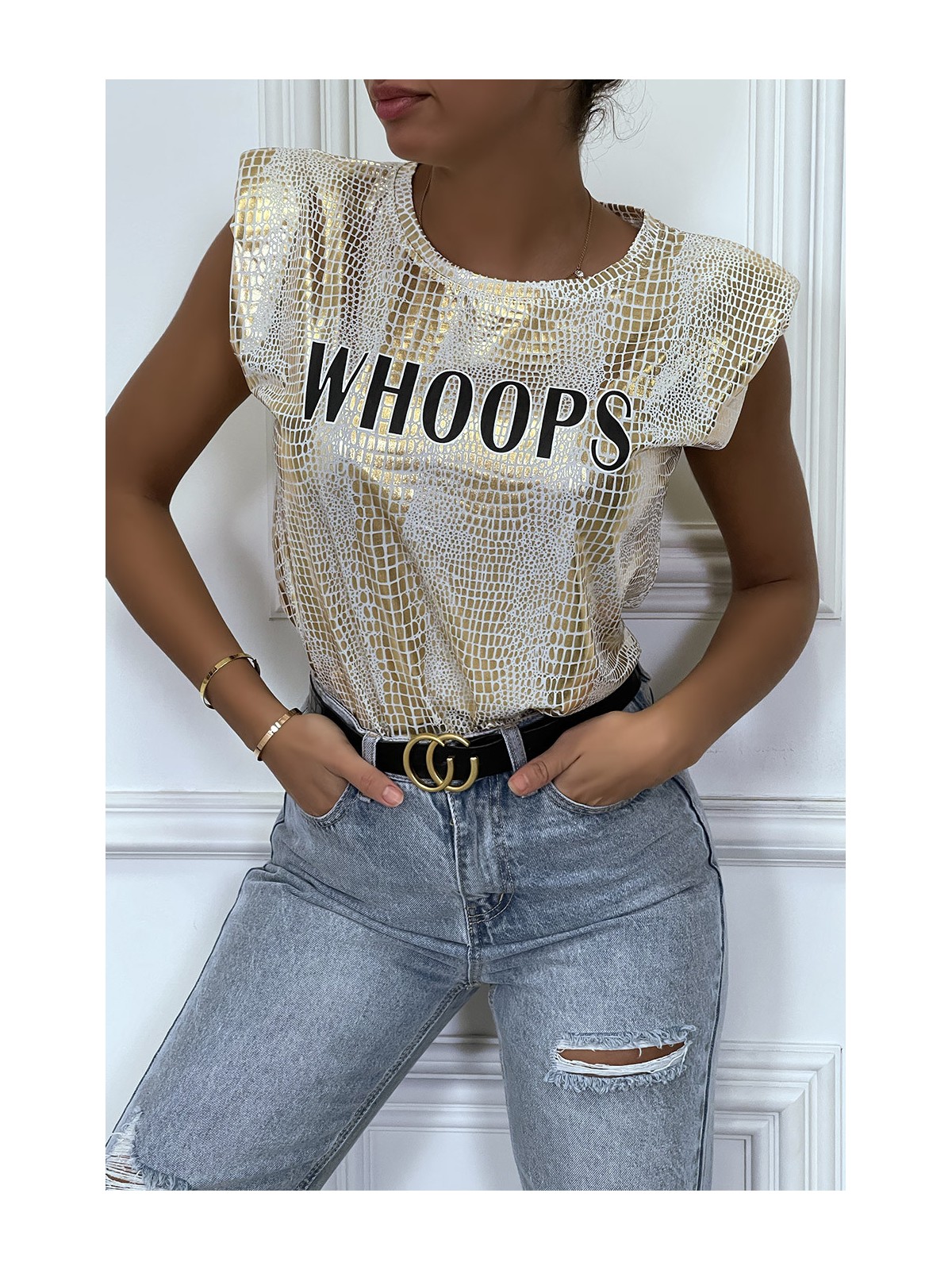 T-shirt doré blanc brillant motif python avec épaulettes et écriture WHOOPS - 4