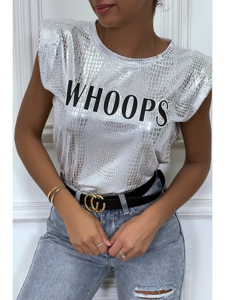 T-shirt argenté brillant motif python avec épaulettes et écriture WHOOPS - 5