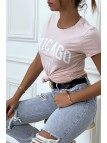 T-shirt rose en coton avec écriture CHICAGO. T-shirt femme - 3