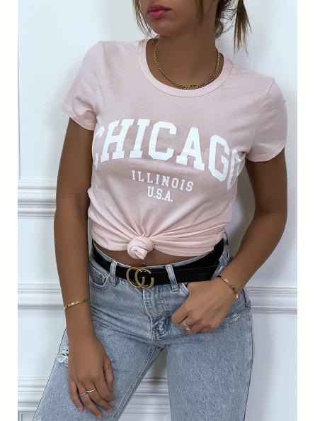 T-shirt rose en coton avec écriture CHICAGO. T-shirt femme - 4