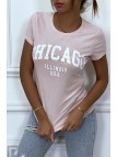 T-shirt rose en coton avec écriture CHICAGO. T-shirt femme - 5