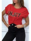 T-shirt rouge ENJOY avec manches revers et coupe loose. T-shirt femme fashion - 3