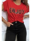 T-shirt rouge ENJOY avec manches revers et coupe loose. T-shirt femme fashion - 4