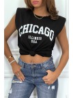 T-shirt noir avec épaulettes et écriture CHICAGO devant - 1
