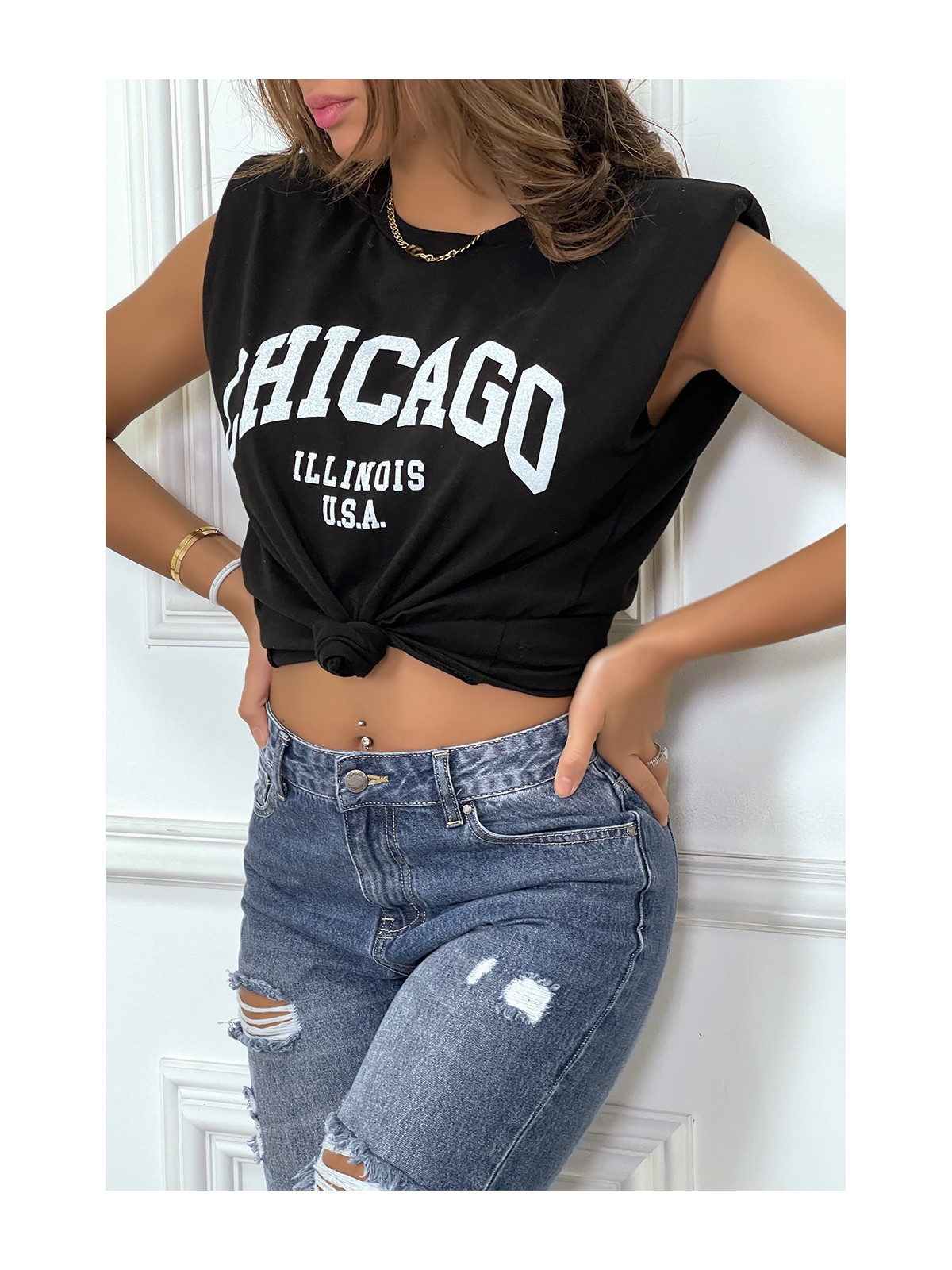 T-shirt noir avec épaulettes et écriture CHICAGO devant - 2
