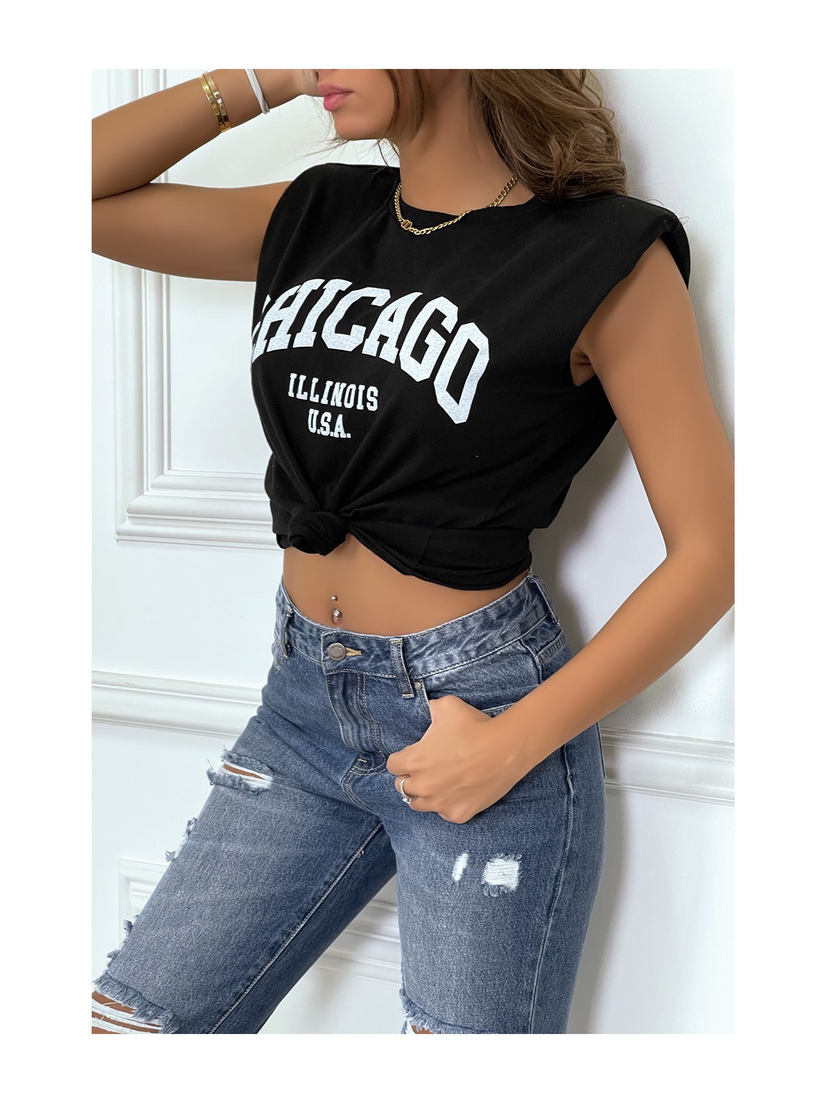 T-shirt noir avec épaulettes et écriture CHICAGO devant - 3