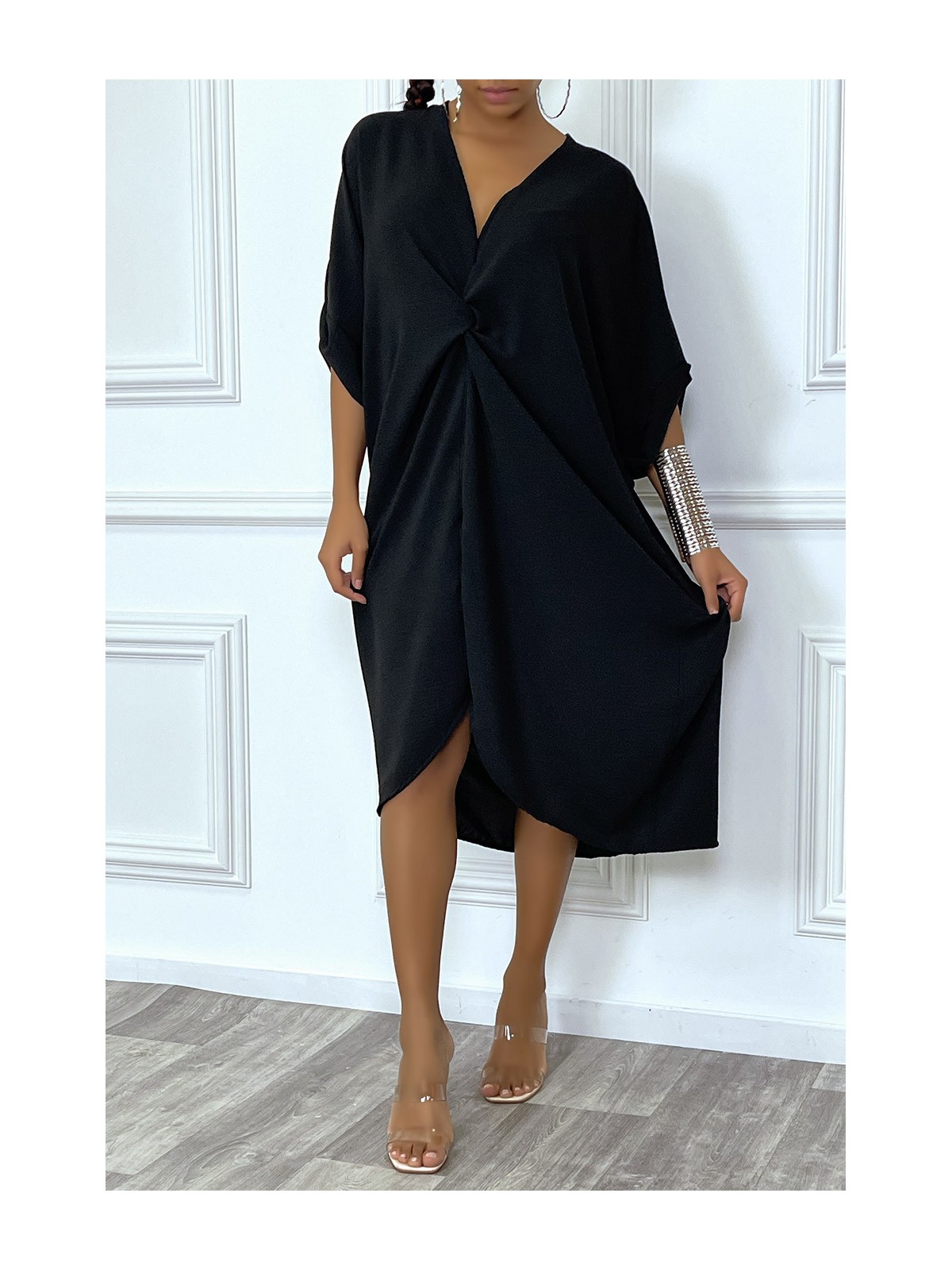 Robe tunique oversize noir col v détail froncé - 1