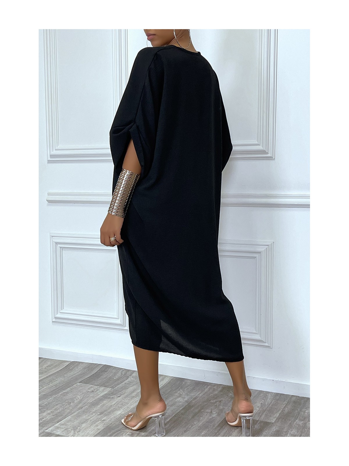Robe tunique oversize noir col v détail froncé - 3