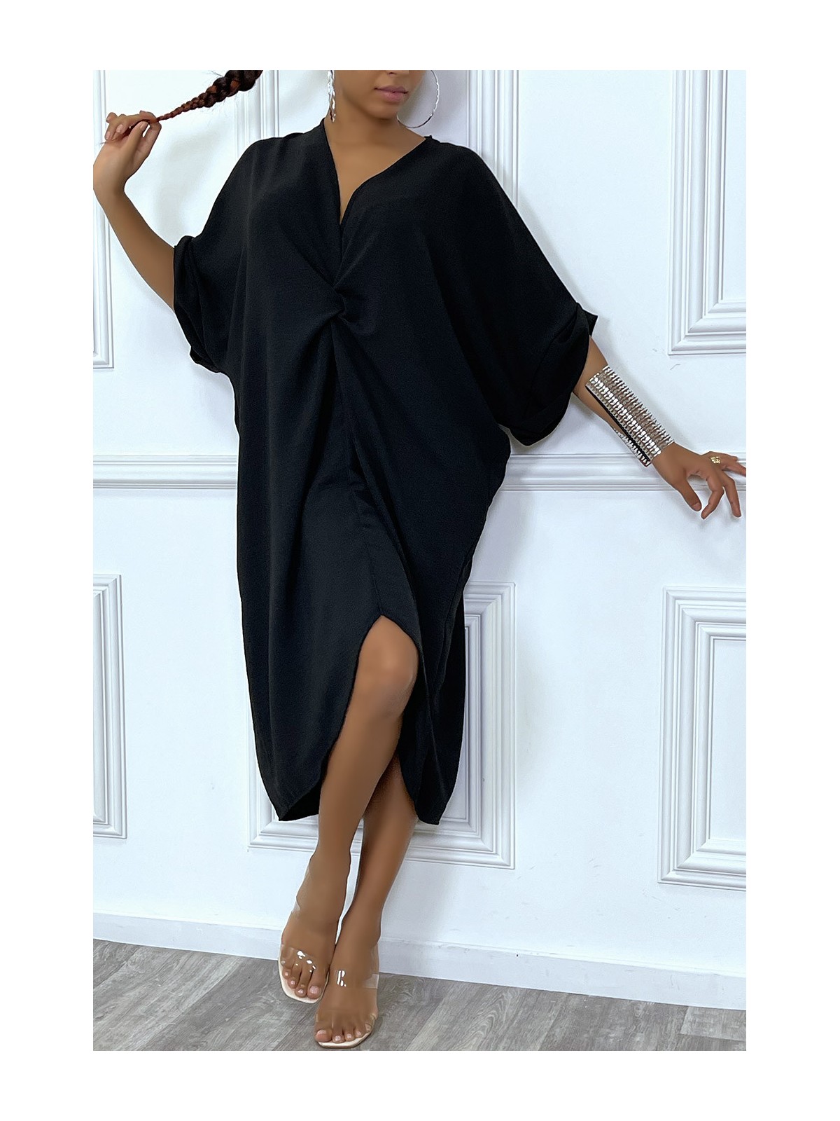 Robe tunique oversize noir col v détail froncé - 4
