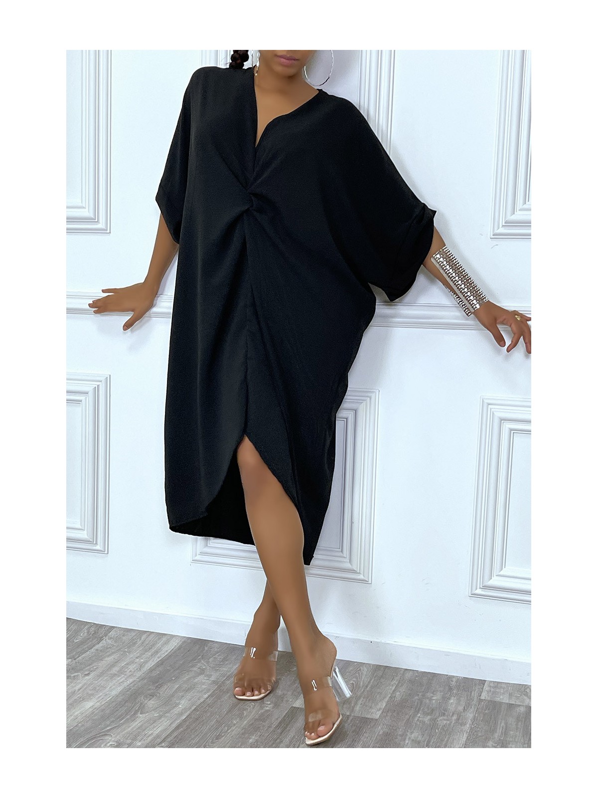 Robe tunique oversize noir col v détail froncé - 5