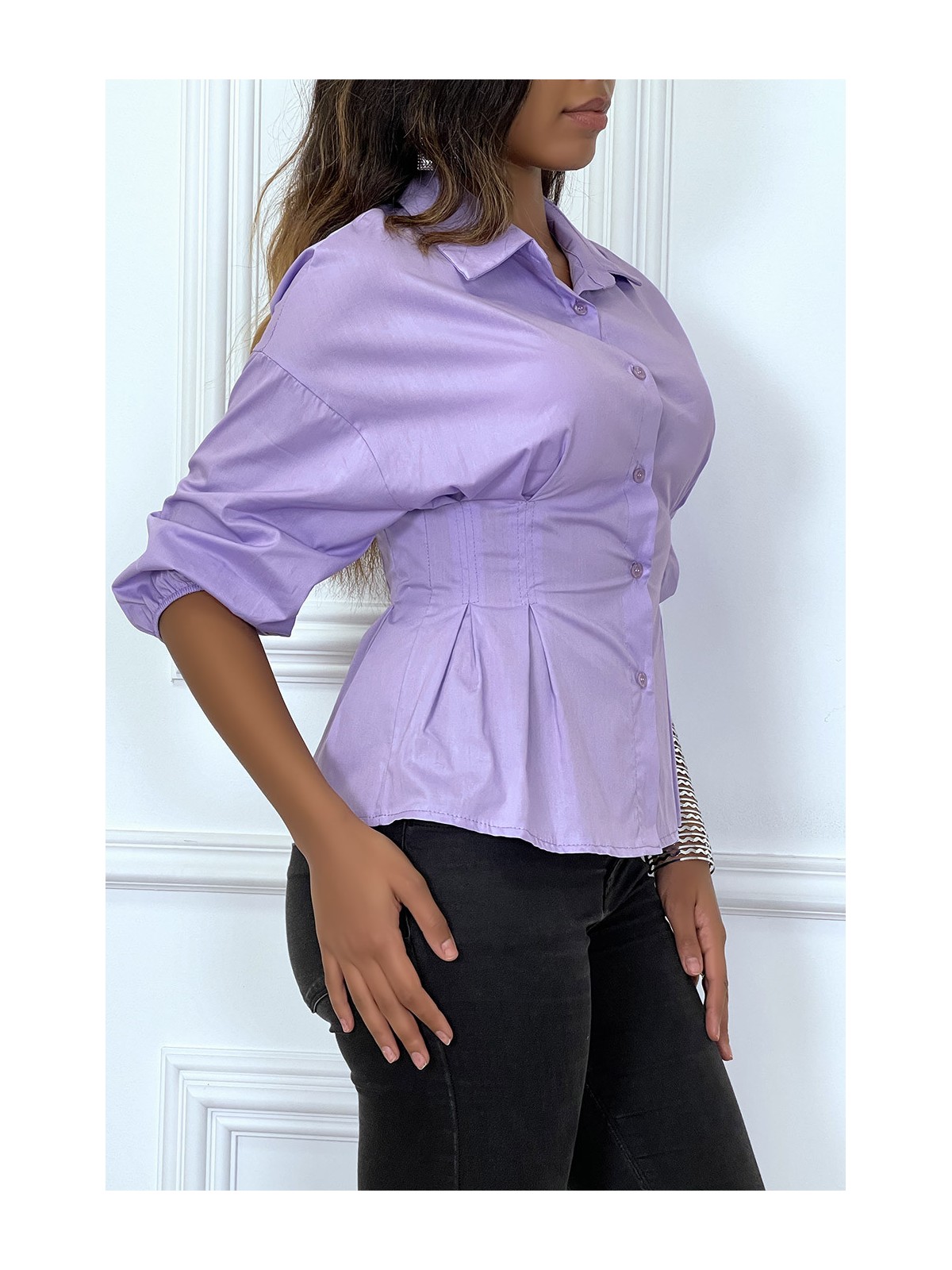 Chemise violette froncée à la taille et plissée - 2