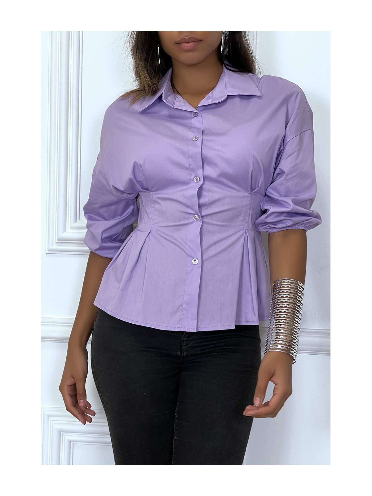 Chemise violette froncée à la taille et plissée - 3