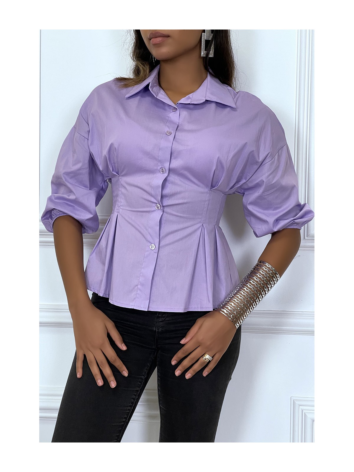 Chemise violette froncée à la taille et plissée - 4