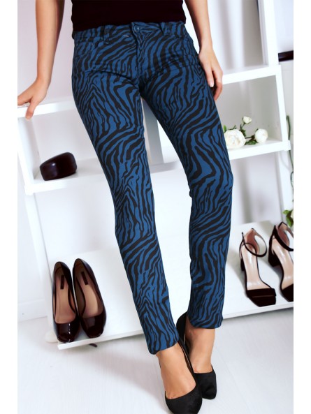 Pantalon Jeans bleu extensible avec poche et motif noir S1317D - 1