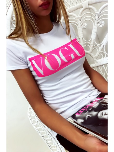T-shirt blanc en coton avec écriture Vogue à l'avant. Mode femme - 5