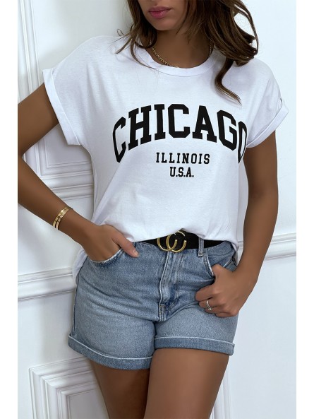 T-shirt Chicago en blanc légèrement ample avec manches revers - 2