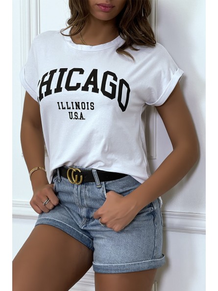 T-shirt Chicago en blanc légèrement ample avec manches revers - 4