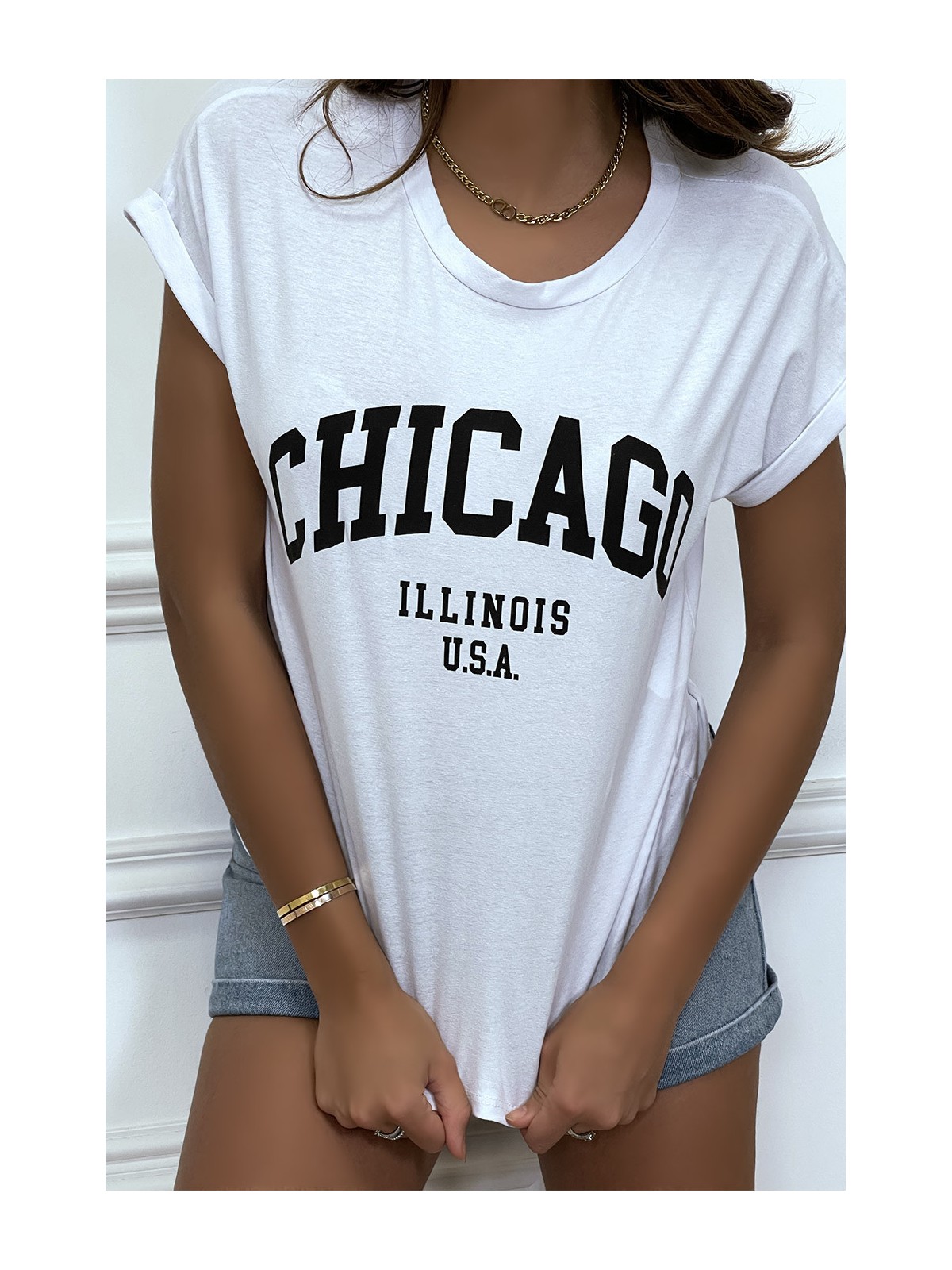 T-shirt Chicago en blanc légèrement ample avec manches revers - 5