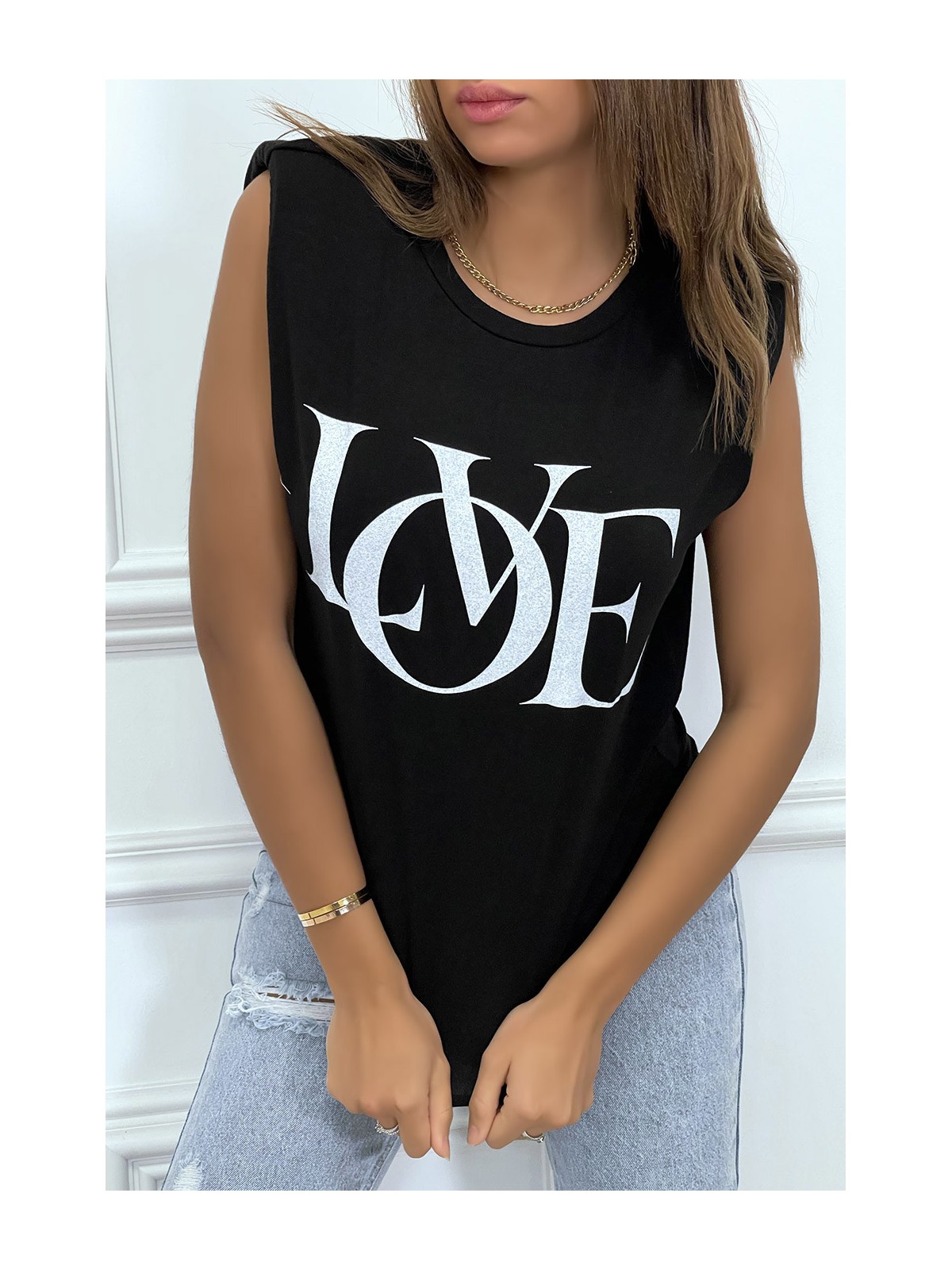 T-shirt sans manches noir à épaulettes et écriture "love" - 1