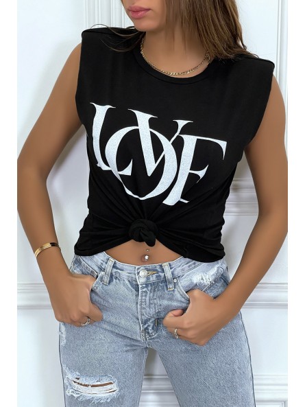 T-shirt sans manches noir à épaulettes et écriture "love" - 4