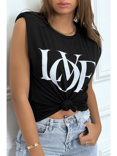T-shirt sans manches noir à épaulettes et écriture "love" - 5