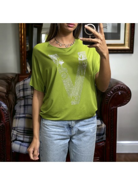T-shirt over size en coton vert avec motif V inspi en strass - 3