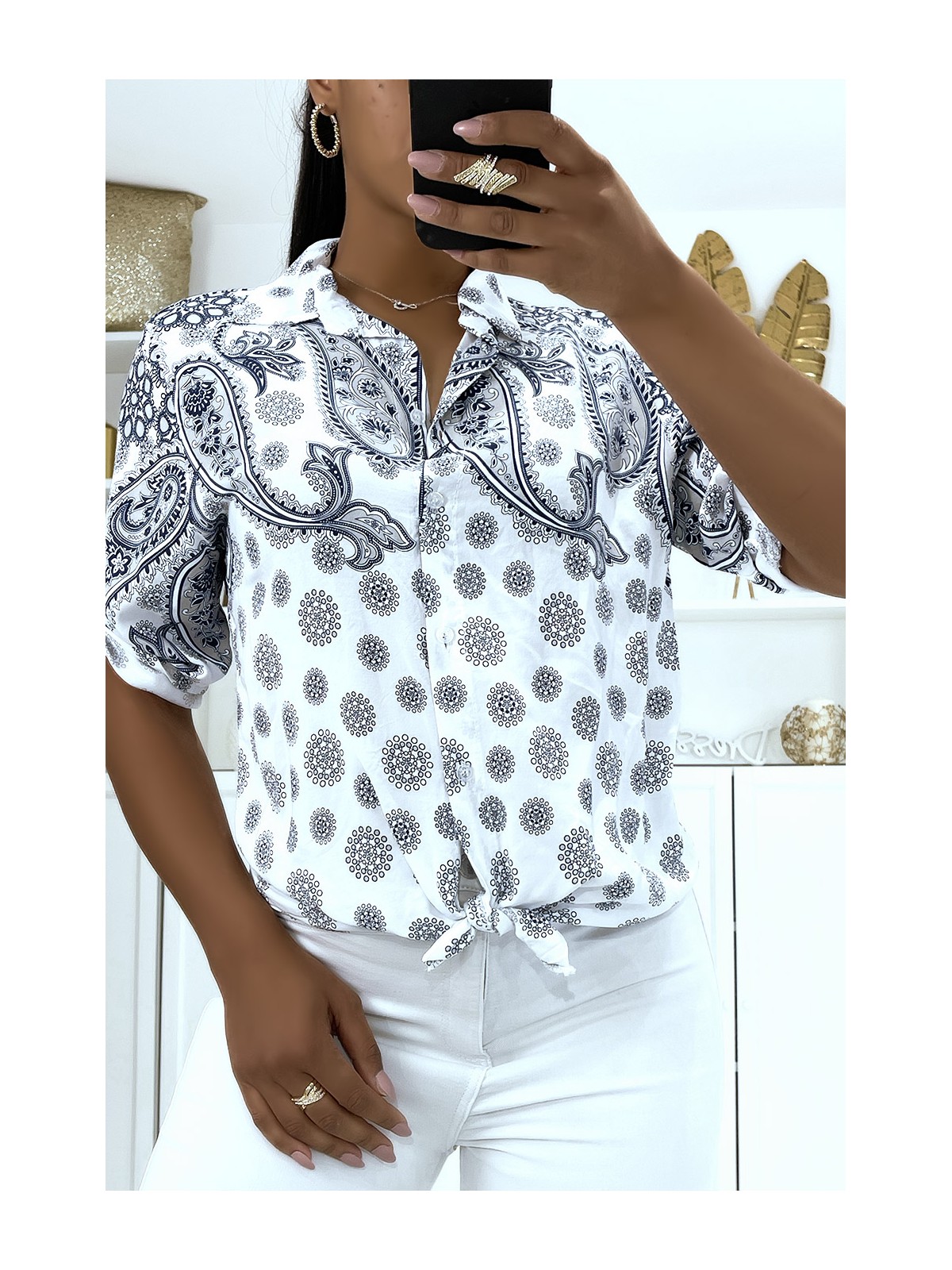 Chemise blanche fluide d'été à motif originaux hyper tendance à joli noeud - 1