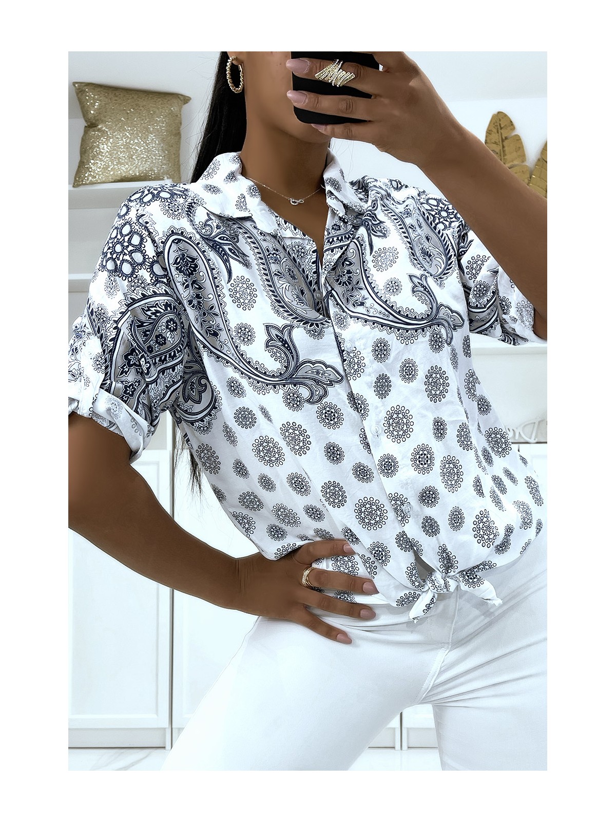 Chemise blanche fluide d'été à motif originaux hyper tendance à joli noeud - 2