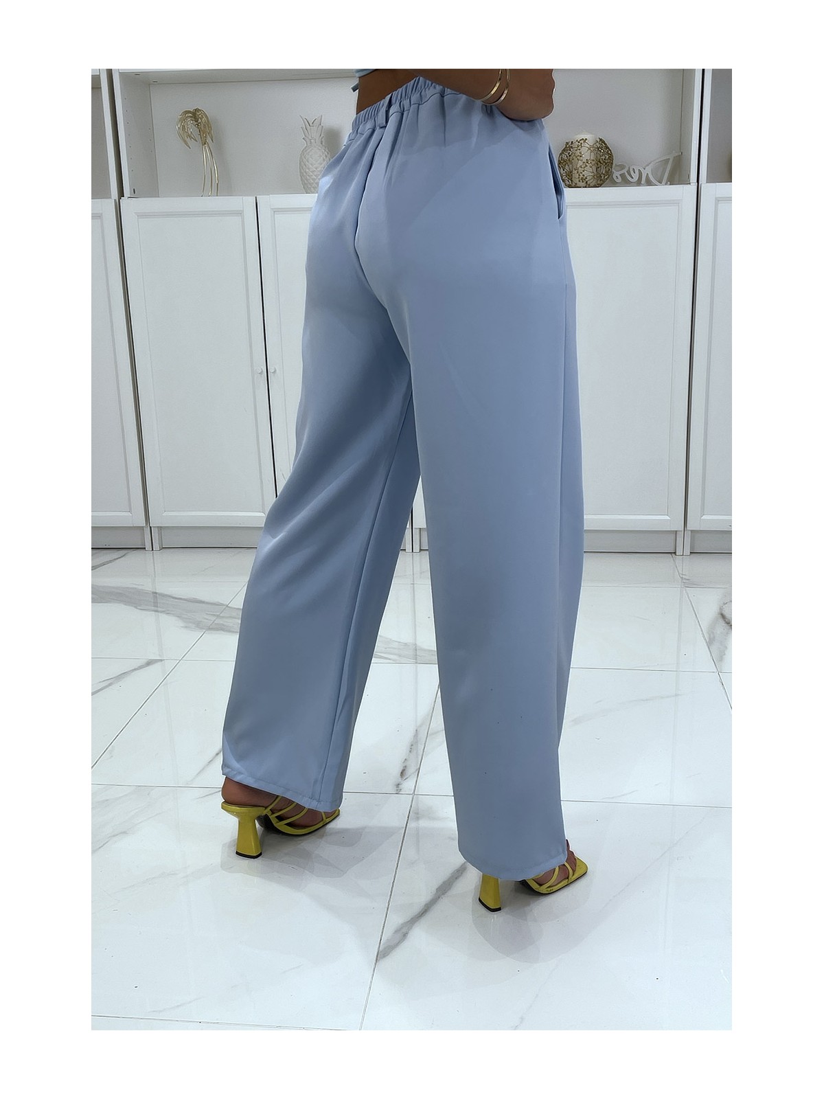 Pantalon palazzo turquoise avec poches et élastique au dos - 3
