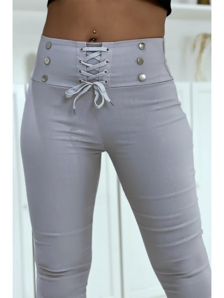 Pantalon strech gris avec lacet et boutons - 7