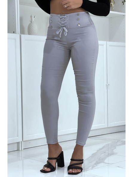 Pantalon strech gris avec lacet et boutons - 9