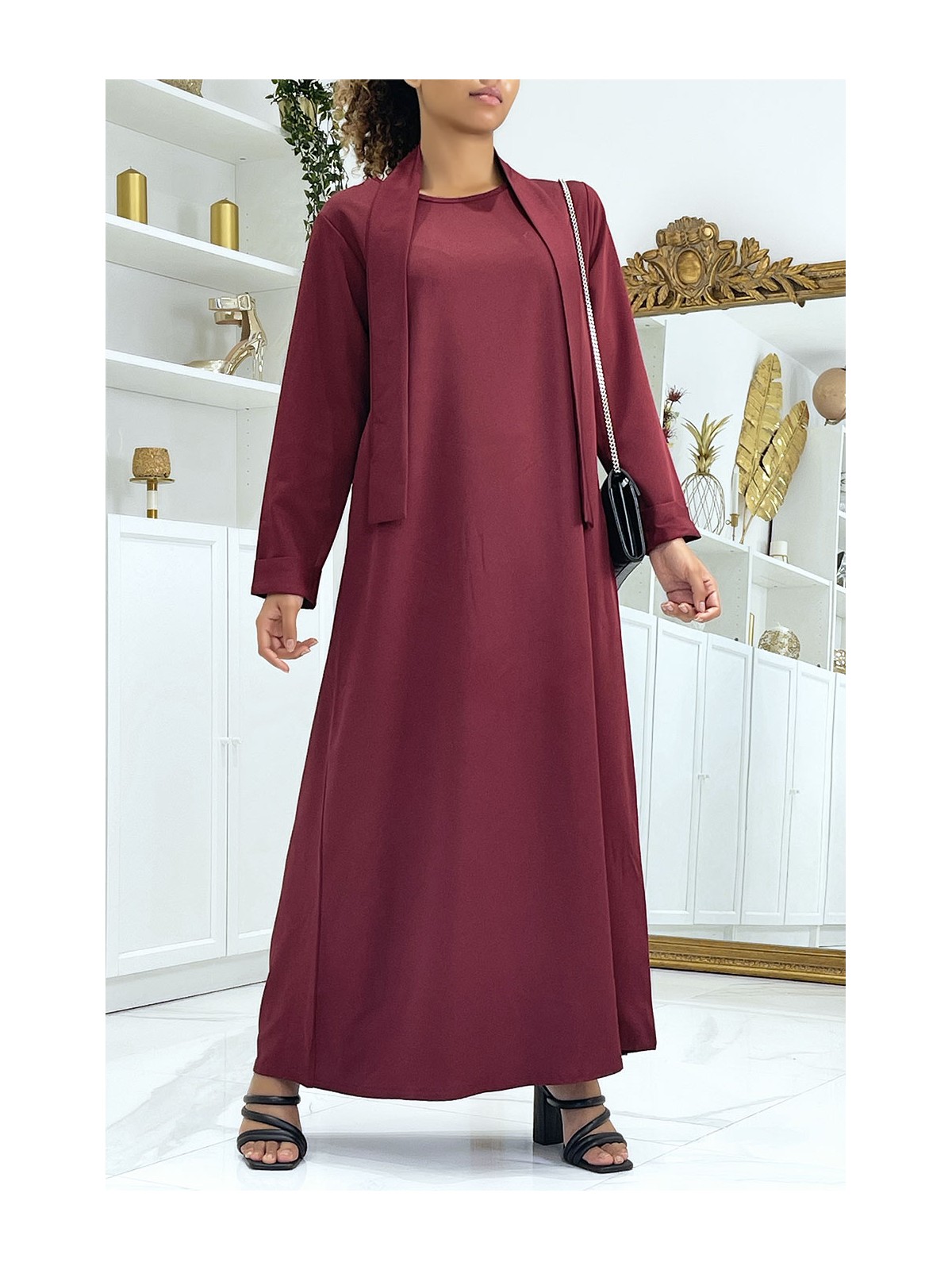Longue abaya bordeaux avec poches et ceinture - 3
