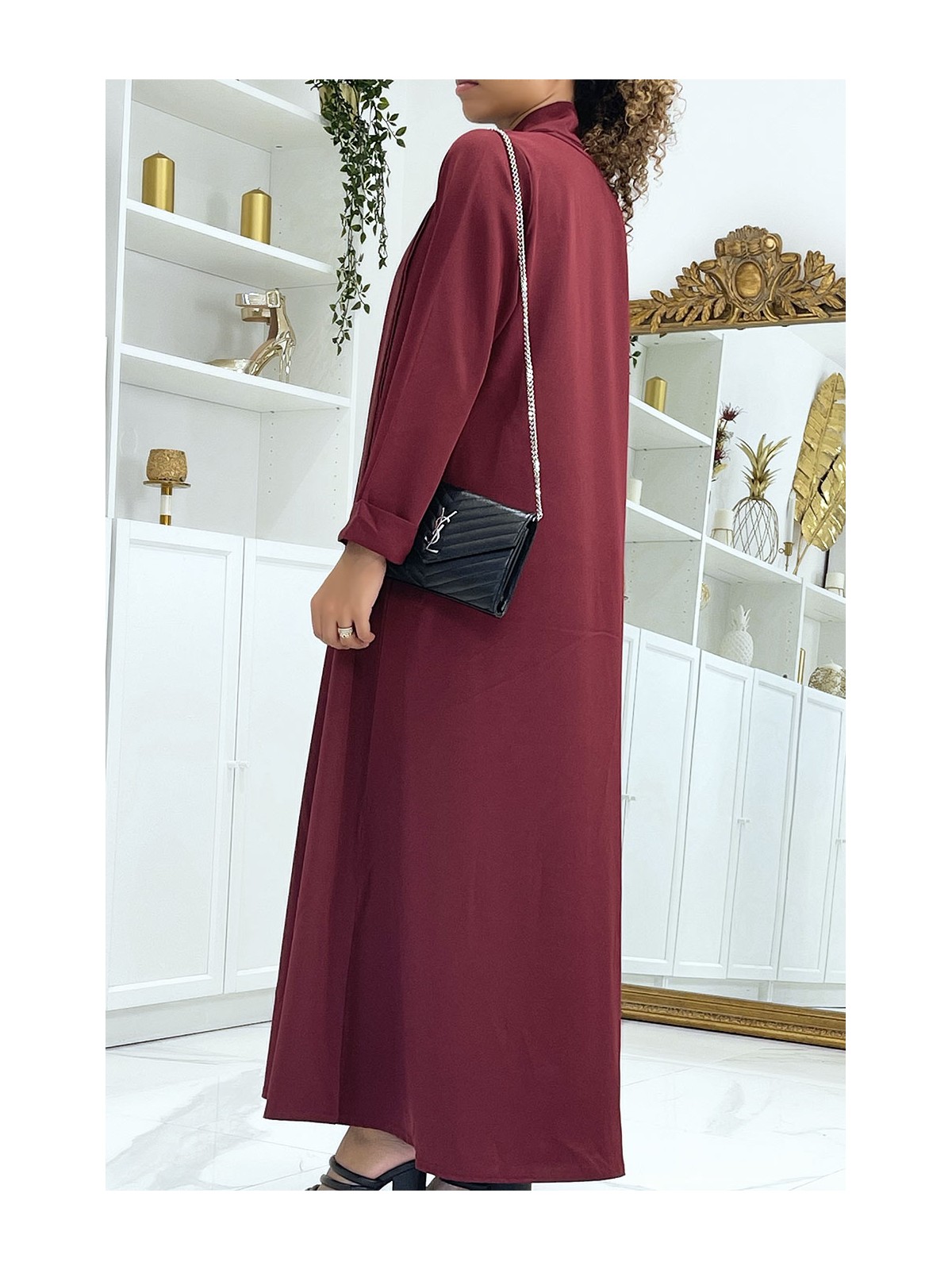 Longue abaya bordeaux avec poches et ceinture - 4