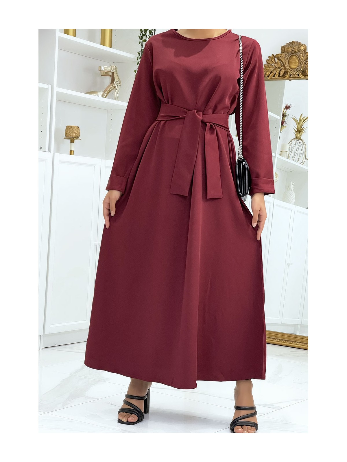 Longue abaya bordeaux avec poches et ceinture - 5