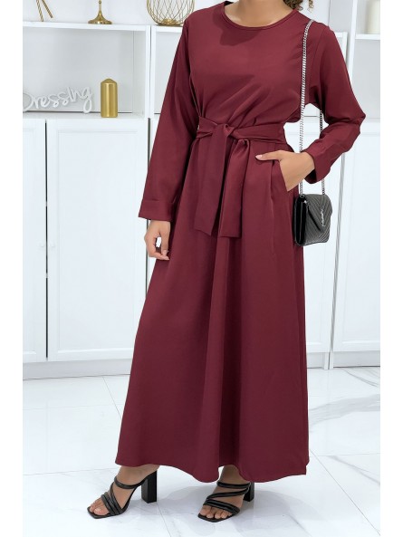 Longue abaya bordeaux avec poches et ceinture - 6
