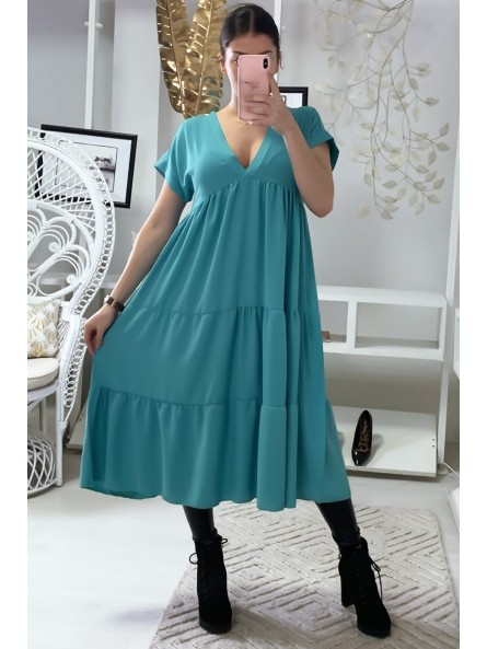 Longue robe tunique col V à volant en turquoise - 1