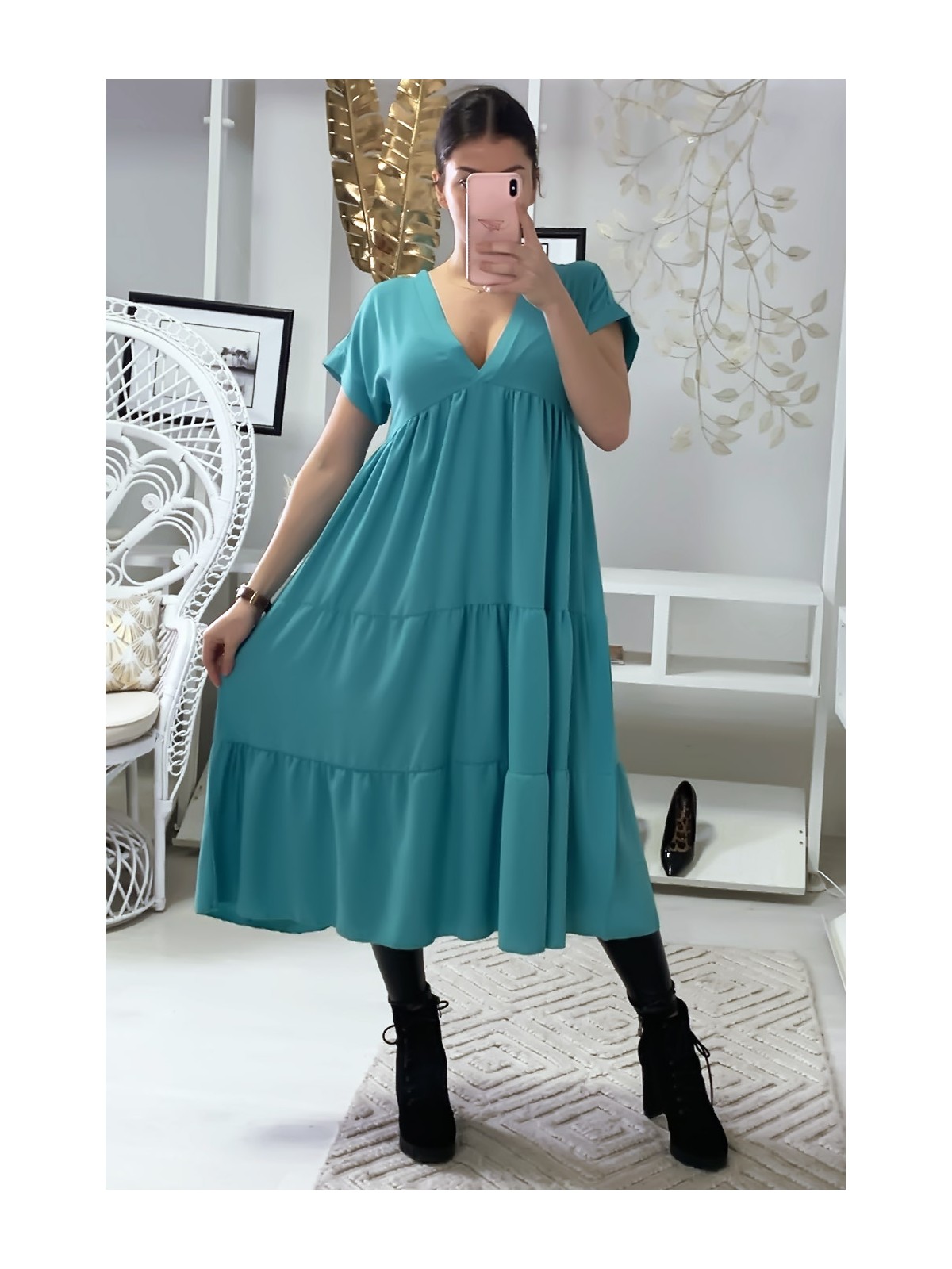 Longue robe tunique col V à volant en turquoise - 1