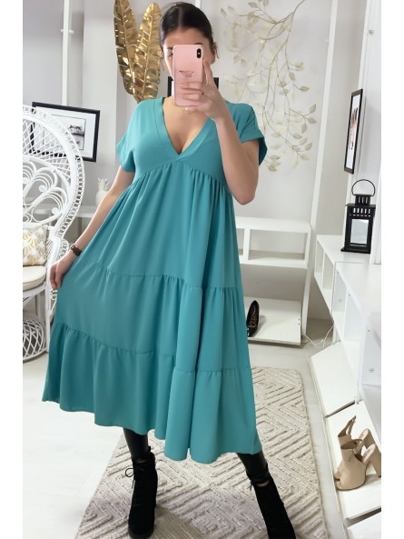 Longue robe tunique col V à volant en turquoise - 2