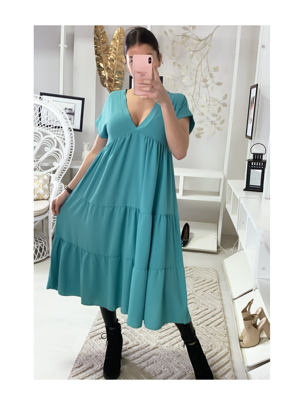 Longue robe tunique col V à volant en turquoise - 2