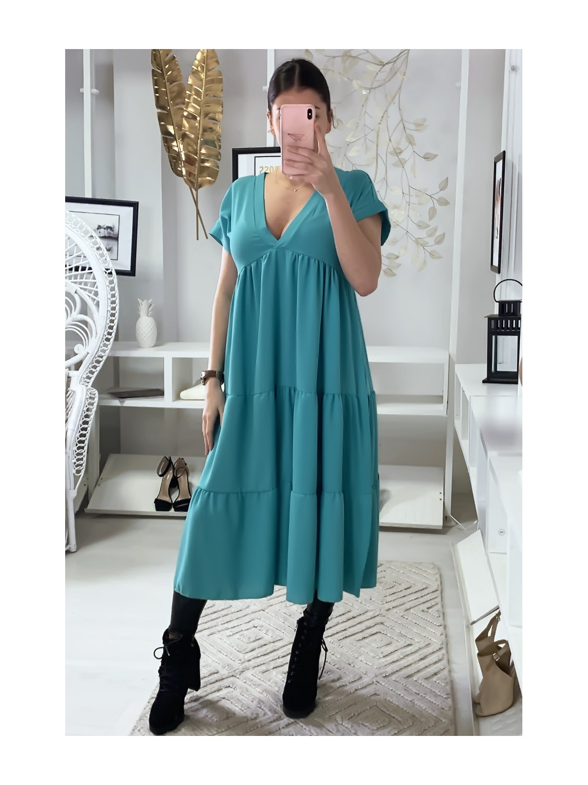 Longue robe tunique col V à volant en turquoise - 3