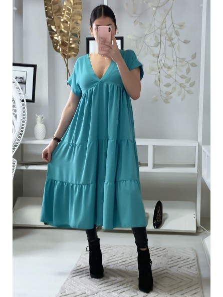 Longue robe tunique col V à volant en turquoise - 4