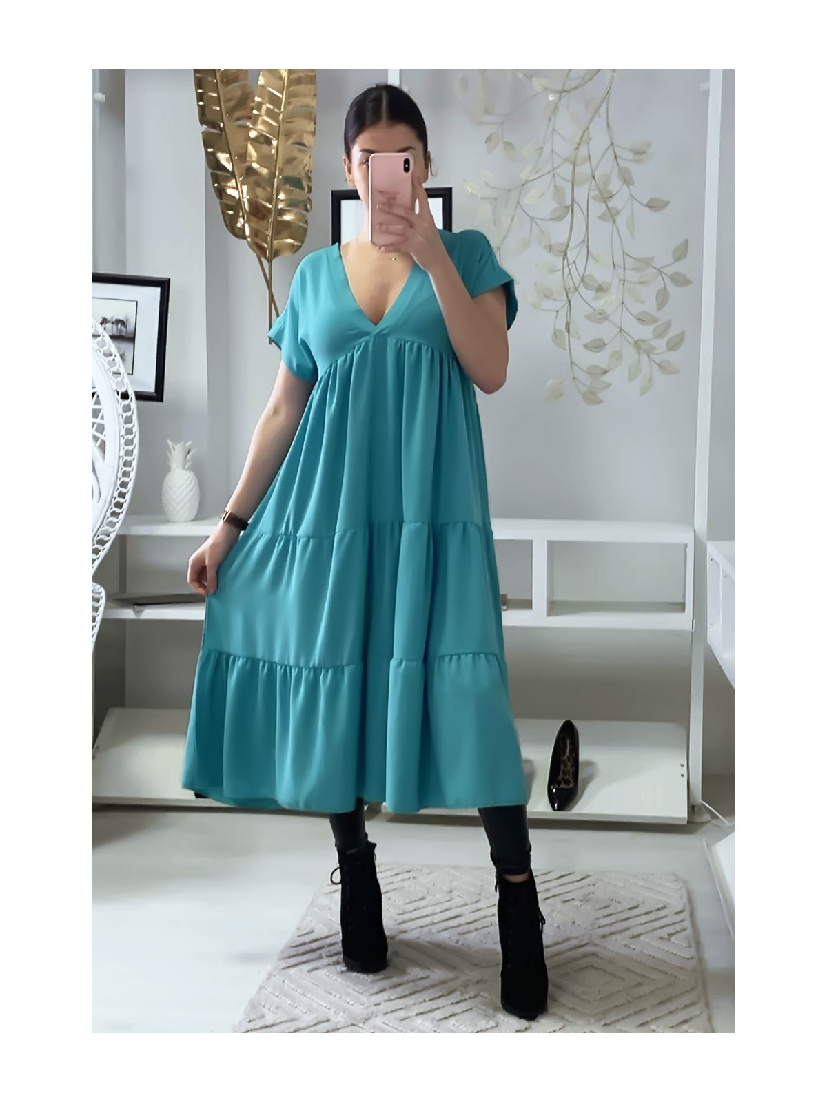 Longue robe tunique col V à volant en turquoise - 4
