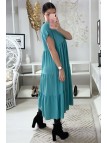 Longue robe tunique col V à volant en turquoise - 5