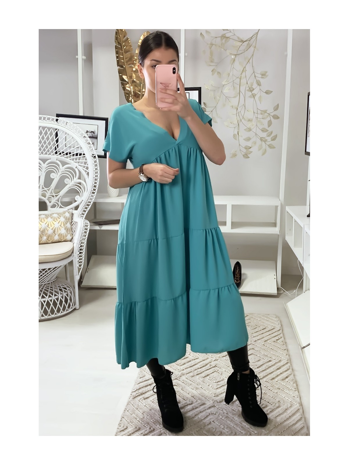 Longue robe tunique col V à volant en turquoise - 6