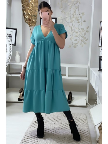 Longue robe tunique col V à volant en turquoise - 7