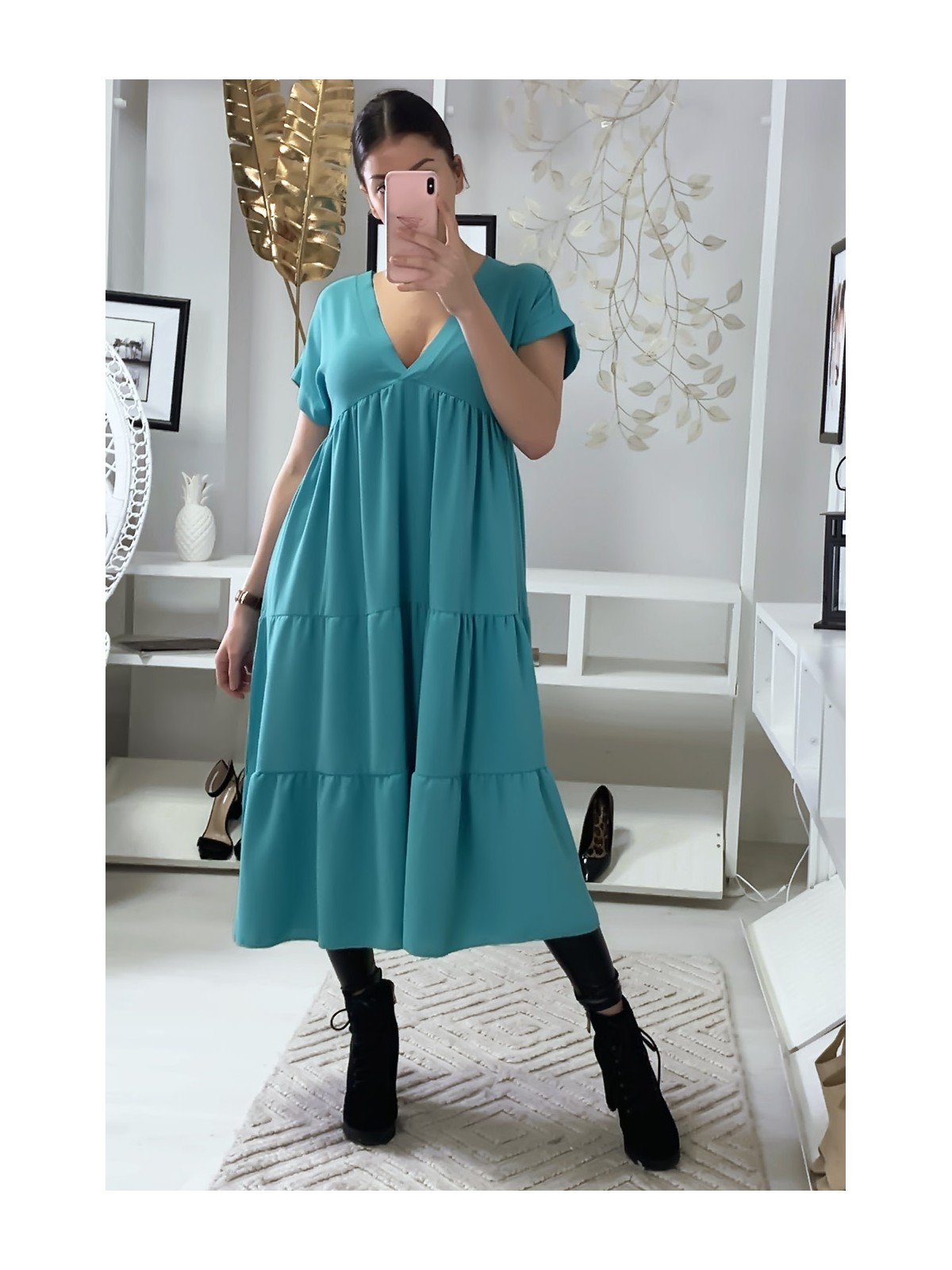 Longue robe tunique col V à volant en turquoise - 7