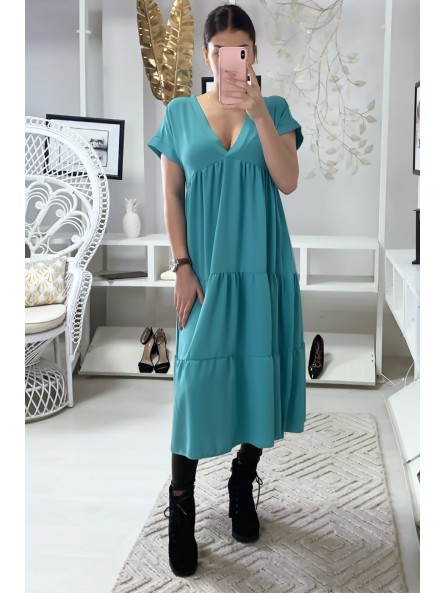 Longue robe tunique col V à volant en turquoise - 8